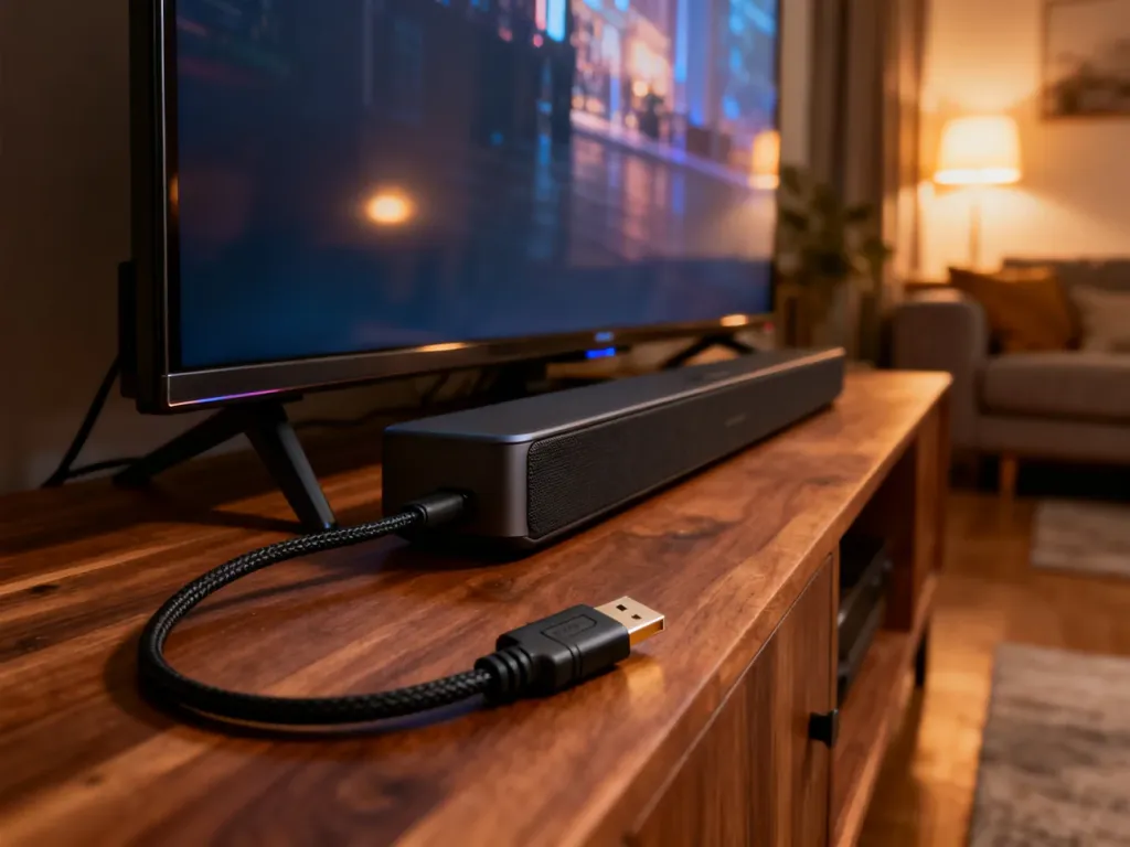Nowoczesny soundbar podłączony do telewizora za pomocą kabla HDMI, prezentujący funkcję przesyłu dźwięku ARC.
