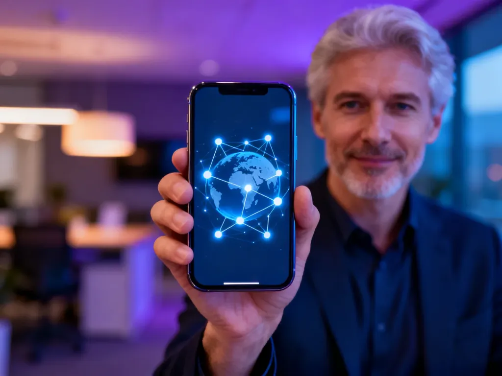 Osoba trzymająca smartfon z interfejsem symbolizującym globalną komunikację w nowoczesnym biurze.