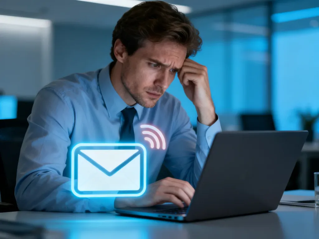 Zirytowany mężczyzna przed laptopem z powiadomieniem o e-mailu, ilustrujący problem z wiadomościami typu noreply.