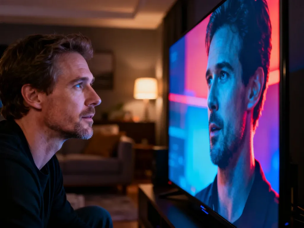 Mężczyzna oglądający film na telewizorze z technologią HDR w przytulnym kinie domowym.