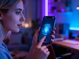 Dłoń trzymająca smartfon z widocznymi ikonami niebieskich dymków czatu, symbolizujących komunikację w usłudze iMessage.