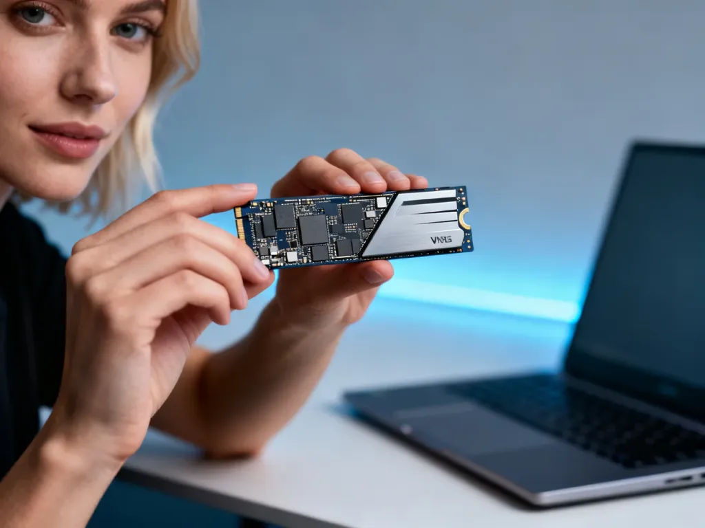 Dłoń trzymająca nowoczesny dysk SSD NVMe na tle stanowiska pracy z laptopem.