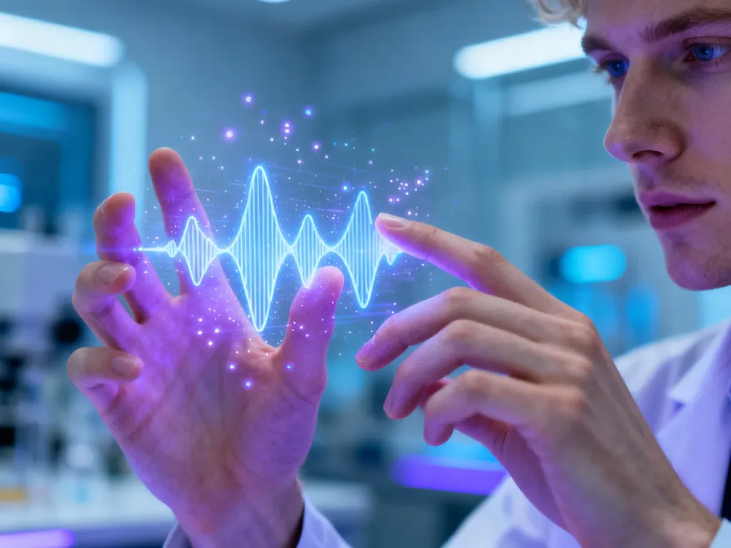 Dłonie osoby wchodzące w interakcję z holograficznym interfejsem, wizualizujące działanie technologii haptycznej.