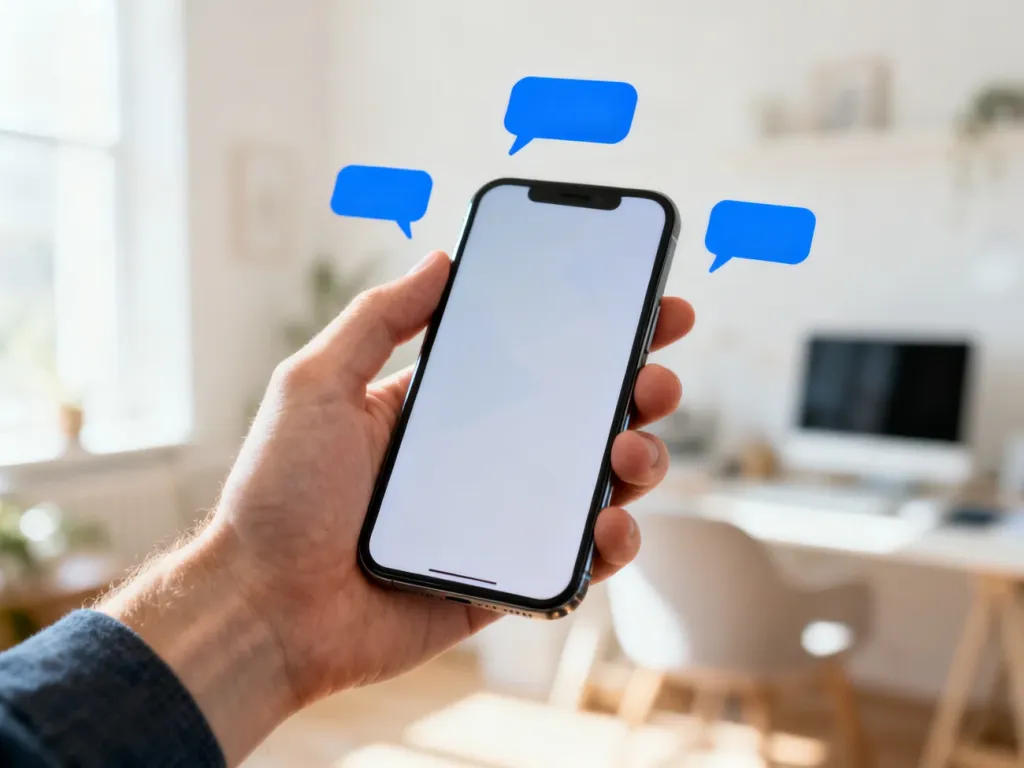 Dłoń trzymająca smartfon z widocznymi ikonami niebieskich dymków czatu, symbolizujących komunikację w usłudze iMessage.