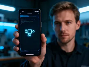 Dłoń trzymająca smartfon z widocznymi ikonami niebieskich dymków czatu, symbolizujących komunikację w usłudze iMessage.