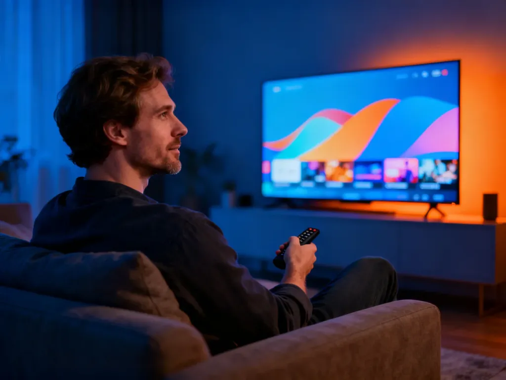 Mężczyzna siedzący na kanapie z pilotem w ręku przed nowoczesnym telewizorem z wyświetlonym interfejsem usług streamingowych.